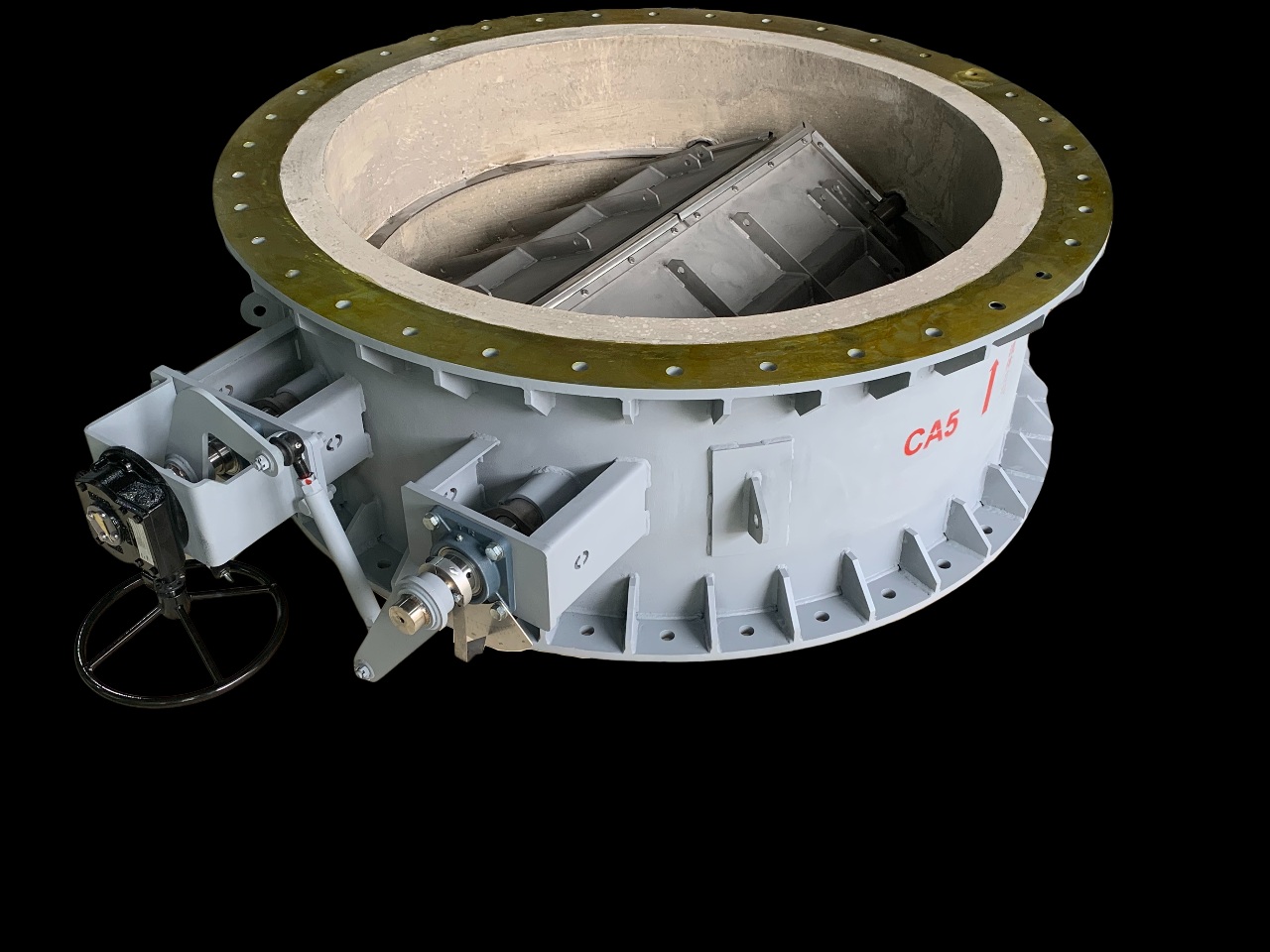 Round two stem flue butterfly damper with a fireproof lining equipped with a manual mechanism used to control high temperature flue gas from metal recycling melting furnaces