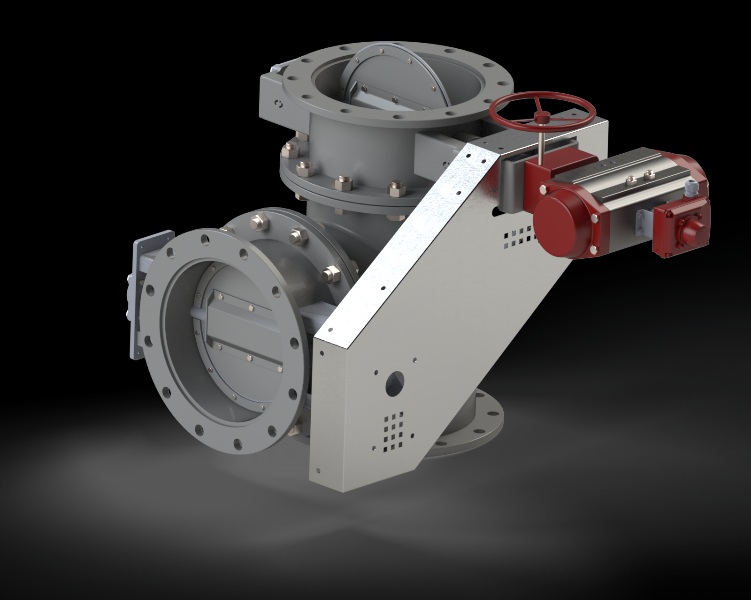 3D rendering of three way pneumatic flue diverter damper equipped with pneumatic actuator and manual handwheel used for bypassing exhaust in flue systems