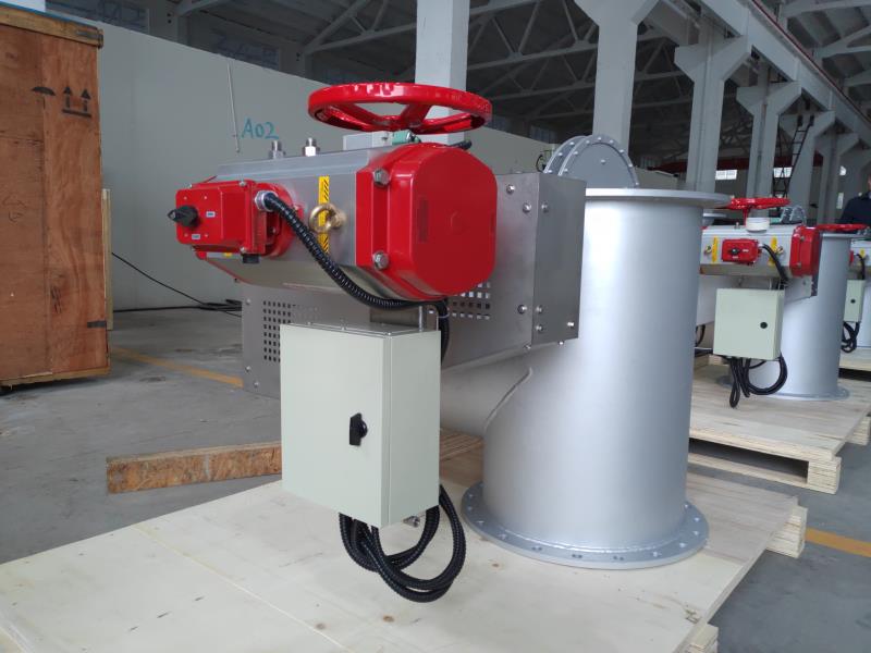 Carbon steel pneumatic duct tee diverting damper equipped with a pneumatic actuator manual handwheel and local control box used for flue gas switching in a waste incineration flue gas purification system