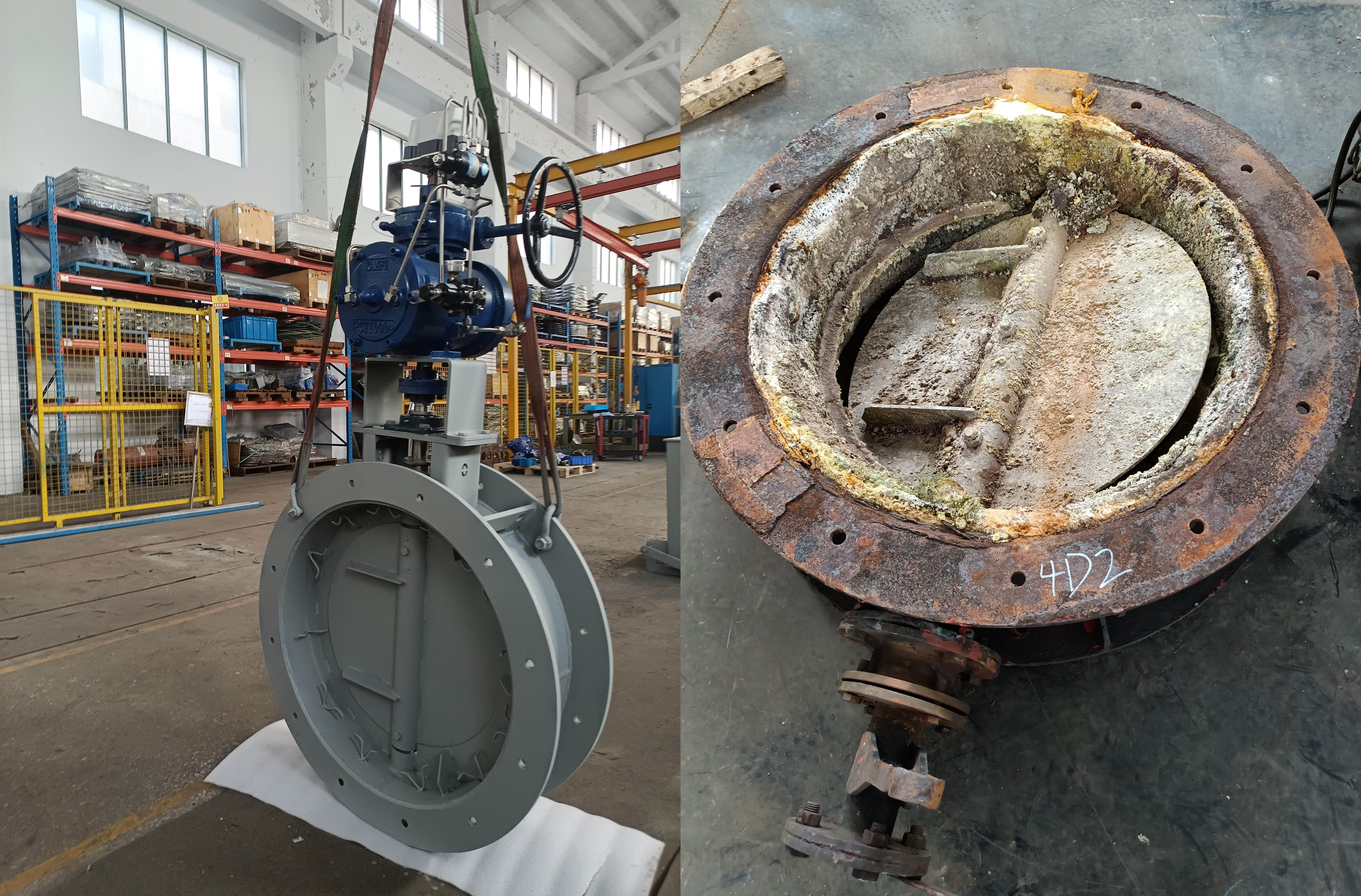 Before-and-after comparison of an industrial butterfly damper refurbishment and upgrade.